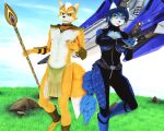  3d_(artwork) anthro arwing blue_body blue_fur blue_hair bottomwear breasts canid canine clothed clothing digital_media_(artwork) duo female fox fox_mccloud fur gun hair hi_res holding_object jewelry krystal loincloth looking_at_viewer male malicekira mammal melee_weapon necklace nintendo nipples open_mouth polearm ranged_weapon smile staff star_fox tribal video_games weapon white_body white_fur 