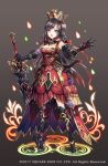  1girl armor armored_boots armored_dress black_hair blue_eyes boots braid brown_background copyright crown dress full_body gauntlets gradient gradient_background grimms_notes heterochromia long_hair nemusuke official_art open_mouth purple_eyes red_queen_(grimms_notes) solo sword teeth weapon 
