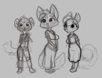  2022 anthro barefoot clothing domestic_cat dress excited feet felid feline felis female hands_behind_back hi_res looking_at_viewer mammal monochrome mustelid rodent sciurid shy siroc sketch smile tree_squirrel whiskers 