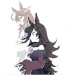  2girls animal_ears bangs black_dress blue_eyes brown_hair dress from_side grey_hairband hairband highres horse_ears horse_girl long_hair mihono_bourbon_(umamusume) multiple_girls orrdriver purple_eyes rice_shower_(umamusume) sketch umamusume white_background 