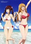  2girls absurdres ahoge antenna_hair armpits arms_up barefoot beach bikini blue_eyes blue_sky breasts brown_eyes brown_hair character_request cleavage cloud collarbone day feet hair_bobbles hair_ornament highres horizon ikkitousen long_hair medium_breasts megami_magazine multiple_girls navel ocean open_mouth orange_hair outdoors red_bikini scan sky smile standing standing_on_one_leg swimsuit toes twintails white_bikini 