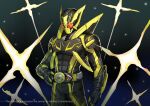  1boy alternate_costume antennae armor belt bug clenched_hand finishing_move gloves grasshopper green_armor helmet highres jiuri_jiuhao kamen_rider kamen_rider_01_(series) kamen_rider_zero-one light lightning male_focus power_armor red_eyes rider_belt shining_hopper solo standing zero_one_driver 