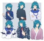  6+boys aqua_eyes aqua_hair bangs black_coat blush card coat collage collar cropped_torso crossed_arms dark_persona duel_academy_uniform_(yu-gi-oh!_gx) eyeshadow gakuran highres holding holding_card long_hair looking_at_viewer looking_to_the_side makeup male_focus marufuji_ryou metal_collar multiple_boys multiple_persona nodo_sn official_alternate_costume open_clothes open_coat pajamas school_uniform sidelocks spiked_collar spikes younger yu-gi-oh! yu-gi-oh!_gx 