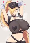  1girl absurdres arm_wrap arms_behind_head band-width baseball_cap black_collar black_headwear blonde_hair collar collarbone commission gears hair_over_one_eye hat heart heart_pasties highres pasties pubic_tattoo see-through smile tattoo 