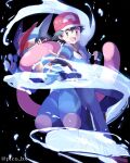  1boy :d ash-greninja ash_ketchum bangs black_background black_gloves black_hair black_shirt blue_jacket brown_eyes commentary_request fingerless_gloves gloves greninja grey_pants hair_between_eyes hat highres jacket male_focus mei_(maysroom) open_mouth pants pokemon pokemon_(anime) pokemon_(creature) pokemon_xy_(anime) red_headwear shirt short_hair smile teeth tongue twitter_username upper_teeth 