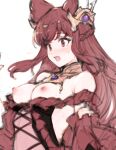  1girl anthuria breasts detached_sleeves erune eyebrows_visible_through_hair granblue_fantasy hair_ornament highres koretsuki_azuma long_hair medium_breasts nipples open_mouth red_eyes red_hair simple_background sketch solo sweat white_background 