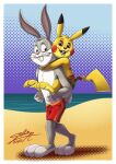  anthro arthropod beach bottomwear bugs_bunny clothing duo hi_res lagomorph leporid looney_tunes male mammal nintendo pikachu pok&eacute;mon pok&eacute;mon_(species) rabbit sagadreams seaside shorts smile swimming swimming_trunks swimwear video_games warner_brothers 