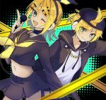  1boy 1girl :d absurdres ahoge backwards_hat bangs blonde_hair blue_eyes blush bow caution_tape chain_necklace choker crop_top hair_bow hair_ornament hair_through_headwear hairclip hand_on_hip hat headphones highres holding holding_microphone hood hoodie index_finger_raised kagamine_len kagamine_rin kurebe long_sleeves looking_at_another looking_at_viewer medium_hair microphone miniskirt navel o-ring o-ring_choker one_eye_closed open_mouth outstretched_arm pleated_skirt ponytail rettou_joutou_(vocaloid) school_uniform serafuku short_hair skirt smile thighs vocaloid 