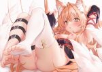 1girl animal_ear_fluff animal_ears armpits barefoot breasts brown_eyes eyebrows_visible_through_hair hair_between_eyes highres looking_at_viewer multiple_tails nipples obi original sash single_thighhigh small_breasts soles solo tail thighhighs toes white_legwear zhaofeng_yinyue 