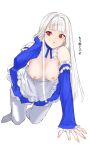  1girl all_fours blue_headwear blue_sleeves breasts capcom_fighting_jam commentary_request detached_collar detached_sleeves highres hime_cut ingrid_(capcom) long_hair midnight_bliss platinum_blonde_hair red_eyes skirt solo tetsu_(kimuchi) topless translation_request white_legwear 