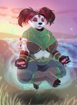  2022 absurd_res anthro armor blizzard_entertainment bottomwear bracers brown_hair choker clothed clothing eyes_closed facial_markings female foot_wraps fur hair head_markings hi_res highlights_(coloring) jewelry mammal markings meditation midriff multicolored_body multicolored_fur necklace pandaren pants pig_(artist) pigtails red_highlights signature smile solo ursid video_games warcraft wraps yanshe 