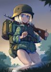  1girl blonde_hair blue_eyes bolt_action bottomless canteen erica_(naze1940) gun helmet highres looking_at_viewer mauser_98 mess_kit military military_helmet open_mouth original panties partially_submerged rifle short_hair soldier solo stahlhelm tree underwear water weapon world_war_ii 