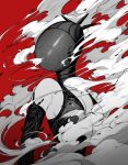  1girl bare_shoulders bomb breasts chainsaw_man cleavage commentary_request demon_girl detached_sleeves dress dust_cloud halterneck highres medium_breasts multiple_monochrome nay_akane red_background reze_(chainsaw_man) sideboob simple_background solo upper_body 