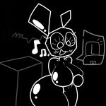  alexdraws anthro big_breasts big_butt black_background black_body black_skin blush blush_lines breasts butt button_prompt ears_up female hand_on_breast happy hi_res lagomorph leporid looking_down mammal musical_note navel nude polygons rabbit shaded simple_background slightly_chubby smile solo speech_bubble text vib-ribbon vibri video_games wide_hips 