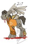  2:3 black_text blood blood_pool bodily_fluids brown_eyes clothing crossover cybernetics cyborg earth_pony equid equine fan_character friendship_is_magic fur gears grey_body grey_fur grey_hair hair hasbro hi_res horse machine male male_focus mammal mechanical_wings my_little_pony narrowed_eyes orange_clothing orange_shirt orange_topwear pegasus pony prison_suit raised_wings sad sad_eyes scp-217 scp_foundation shirt simple_background solo text topwear torn_clothing unknown_artist white_background wings 