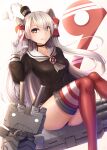  1girl absurdres amatsukaze_(kancolle) breasts brown_dress dress gloves grey_neckerchief hair_tubes hat highres kantai_collection lifebuoy_ornament long_hair long_sleeves mini_hat neckerchief red_legwear rensouhou-kun sailor_dress seiya_(iiseven) short_dress silver_hair sitting small_breasts smokestack_hair_ornament striped striped_legwear thighhighs two_side_up white_gloves windsock 