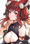  animal_ears anthuria breasts cleavage cleavage_cutout clothing_cutout erune eyebrows_visible_through_hair granblue_fantasy highres koretsuki_azuma large_breasts looking_at_viewer red_eyes simple_background upper_body white_background 