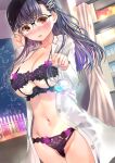  1girl absurdres bangs blunt_bangs blush bra breasts collarbone glasses hair_ornament highres labcoat lace lace_bra lace_panties large_breasts lingerie long_hair looking_at_viewer navel ogata_tei open_clothes open_shirt original panties purple_eyes purple_hair shirt solo underwear white_shirt window 