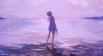  1girl absurdres bangs barefoot beach breasts cloud dress evening highres long_hair mountain ocean original outdoors paper_phrog purple_sky sandals scenery shoes shoes_removed skirt_hold sky small_breasts solo standing symbol-only_commentary water white_dress white_hair 