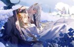  2girls absurdres bare_shoulders bird black_dress blonde_hair dark_persona douluo_dalu dress flower hair_ornament highres long_hair lying_on_lap multiple_girls palace qian_renxue_(douluo_dalu) qian_renxue_zhuye smile white_dress white_hair 