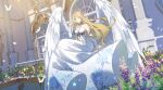  1girl angel_wings bare_shoulders blonde_hair blue_eyes douluo_dalu dress fence hair_ornament light long_hair qian_renxue_(douluo_dalu) qian_renxue_zhuye sitting smile vegetation white_dress window wings 