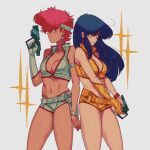  blue_hair bracelet breasts cleavage crop_top dirty_pair earrings gloves gun gutalalaman headband highres jewelry kei_(dirty_pair) muscular red_hair weapon yuri_(dirty_pair) 