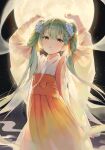  1girl absurdres backlighting black_background blue_flower chinese_clothes chuushuu_meigetsu_miku cowboy_shot eso_(toory) flower full_moon green_eyes green_hair hagoromo hair_flower hair_ornament hands_up hatsune_miku highres long_hair looking_at_viewer moon night night_sky parted_lips red_skirt shawl skirt sky solo standing star_(sky) tassel twintails very_long_hair vocaloid white_robe wide_sleeves 