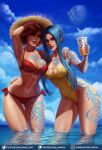  2girls arm_around_neck arm_around_waist arm_up bikini blue_hair blue_lips blue_sky borderlands_(series) borderlands_2 breasts cleavage cloud collarbone commentary cup day disposable_cup english_commentary full-body_tattoo gumroad_logo gumroad_username hand_up hat highleg highleg_swimsuit highres holding holding_cup leaning_forward lilith_(borderlands) lipstick long_hair looking_at_viewer luminyu makeup maya_(borderlands) medium_breasts multiple_girls nail_polish navel outdoors paid_reward_available parted_lips patreon_logo patreon_username red_bikini red_hair red_lips red_nails short_hair side-tie_bikini signature sky standing stomach straw_hat swimsuit tattoo thighhighs twitter_logo twitter_username wading water web_address yellow_swimsuit 