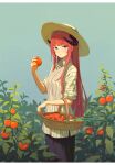  1girl absurdres alternate_costume arknights bagpipe_(arknights) bangs black_pants blue_background blue_eyes blue_sky blunt_bangs blush closed_mouth collared_shirt cowboy_shot day dhsl dragon_horns food fruit highres holding holding_food holding_fruit horns long_hair looking_at_viewer orange_hair outdoors pants plant shirt short_sleeves simple_background sky smile solo straight_hair striped striped_shirt tomato vertical-striped_shirt vertical_stripes very_long_hair white_shirt yellow_headwear 