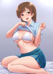  1girl barefoot blue_shirt bra breasts highres idolmaster idolmaster_cinderella_girls looking_at_viewer medium_breasts navel nitta_minami open_mouth shirt short_sleeves sitting smile solo thighs tomajiyama underwear wariza white_bra 