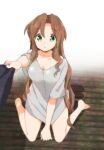  1girl aerith_gainsborough bangs bare_legs barefoot blue_shirt breasts cleavage collarbone final_fantasy final_fantasy_vii green_eyes grey_shirt hair_down kneeling krudears long_hair medium_breasts parted_bangs parted_lips pulling shirt sidelocks t-shirt wavy_hair wide-eyed wooden_floor 