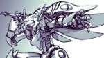  dunbine greyscale highres holding insect_wings looking_ahead magaki_ryouta mecha monochrome no_humans seisenshi_dunbine sheath sketch solo sword unsheathing weapon wings 