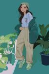  1girl absurdres beanie brown_eyes brown_hair brown_pants gachop99 green_headwear green_jacket hair_behind_ear hand_in_pocket hat head_tilt highres jacket long_hair looking_at_viewer original pants parted_lips photo-referenced pot shirt shoes sneakers solo white_shirt 