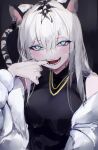  1girl :d absurdres animal_ears black_shirt blue_eyes copyright_request finger_in_own_mouth highres jacket jewelry long_hair looking_at_viewer mile_(off8mile) necklace open_mouth shirt smile solo tail tiger_ears tiger_tail upper_body white_hair white_jacket 