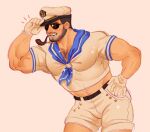  1boy bara black_hair chest_hair chris_redfield facial_hair geckomitts gloves hand_on_hip hat highres large_pectorals male_focus muscular muscular_male official_alternate_costume pectorals pipe pipe_in_mouth resident_evil resident_evil_revelations sailor sailor_collar sailor_hat sailor_shirt shirt short_hair short_shorts shorts smile solo sunglasses teeth white_gloves white_shorts 