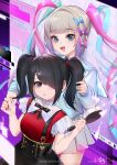  2girls :d absurdres ame-chan_(needy_girl_overdose) bangs black_hair black_nails black_skirt blue_bow blue_eyes blue_hair blue_nails blush bow brown_hair chouzetsusaikawa_tenshi-chan commentary_request eyebrows_visible_through_hair hair_bow hair_brush hair_ornament hair_over_one_eye heart highres holding holding_brush holographic_monitor long_hair long_sleeves multiple_girls nail_polish needy_girl_overdose parted_lips pink_bow pink_hair pleated_skirt puffy_long_sleeves puffy_sleeves purple_bow purple_eyes red_shirt sailor_collar school_uniform serafuku shirt signature skirt smile standing suspender_skirt suspenders teeth translation_request twintails upper_teeth very_long_hair white_sailor_collar white_serafuku white_shirt white_skirt x_hair_ornament xiaoyu 