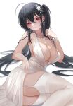  1girl absurdres andri_sakie azur_lane backless_dress backless_outfit black_hair breasts center_opening cleavage cocktail_dress dress earrings evening_gown feet_out_of_frame hair_between_eyes hair_ornament hair_strand highres jewelry large_breasts long_hair looking_at_viewer lying official_alternate_costume on_side plunging_neckline red_eyes satin_dress simple_background sleeveless sleeveless_dress solo taihou_(azur_lane) taihou_(temptation_on_the_sea_breeze)_(azur_lane) very_long_hair white_background white_dress white_garter_straps 