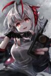  +_+ 1girl :d arknights bangs black_gloves blurry blurry_foreground breasts cowboy_shot depth_of_field detonator fingerless_gloves foreshortening gloves grey_background grey_hair grey_shirt high_collar highres horns kataageteto large_breasts long_sleeves multicolored_hair nail_polish open_mouth red_eyes red_hair red_nails shirt short_hair smile solo two-tone_hair w_(arknights) 