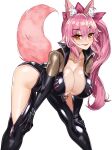  1girl animal_ear_fluff animal_ears bangs black_bodysuit blush bodysuit bow breasts center_opening choker cleavage fate/grand_order fate_(series) fox_ears fox_girl fox_tail hair_between_eyes hair_bow highres hip_vent koyanskaya_(assassin)_(first_ascension)_(fate) koyanskaya_(fate) large_breasts leaning_forward long_hair looking_at_viewer open_mouth pink_bow pink_hair ponytail sidelocks smile tail tamamo_(fate) thighs volyz yellow_eyes 