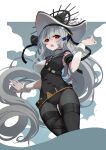  1girl :o absurdres adapted_costume arknights ass_visible_through_thighs bangs bear_hat belt black_legwear black_leotard blush breasts bright_pupils eyebrows_visible_through_hair grey_background grey_hair hand_up hat highres huizhiyin leotard long_hair looking_at_viewer medium_breasts open_mouth pantyhose red_eyes solo specter_(arknights) specter_the_unchained_(arknights) thigh_strap two-tone_background very_long_hair white_background wrist_cuffs 