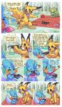  2020 ambiguous_gender apple blue_body blue_fur border brown_eyes cheek_tuft chest_tuft comic detailed_background dialogue dipstick_ears english_text eyewear facial_tuft feral forest fur green_body green_eyes group head_tuft hi_res kecleon looking_at_another mudkip multicolored_ears neckerchief nintendo oran_berry pikachu pikaru_(teeterglance) plant pok&eacute;mon pok&eacute;mon_(species) pok&eacute;mon_mystery_dungeon pokemon_berry rain_(teeterglance) rug shaded shadow sitting smile speech_bubble standing sunglasses teeterglance text tree trio tuft video_games water white_border yellow_body yellow_fur 