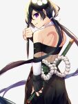  1girl absurdres backless_outfit black_hair eyepatch fate/grand_order fate_(series) from_behind highres kunai long_hair looking_back low_twintails mochizuki_chiyome_(fate) ninjatou purple_eyes short_sword snake_tattoo sword tattoo twintails weapon yuurei447 