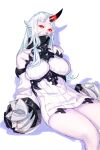  1girl breasts claws dress glowing glowing_eyes head_tilt highres horns kantai_collection large_breasts long_hair looking_at_viewer passimo red_eyes seaport_princess shadow single_horn sitting solo white_background white_dress white_hair 