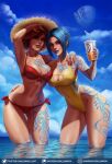  2girls arm_around_neck arm_around_waist arm_up bikini blue_hair blue_lips blue_sky borderlands_(series) borderlands_2 breasts cleavage cloud collarbone commentary cup day disposable_cup english_commentary full-body_tattoo gumroad_logo gumroad_username hand_up hat highleg highleg_swimsuit highres holding holding_cup leaning_forward lilith_(borderlands) lipstick looking_at_viewer luminyu makeup maya_(borderlands) medium_breasts multiple_girls nail_polish navel outdoors paid_reward_available parted_lips patreon_logo patreon_username red_bikini red_hair red_lips red_nails short_hair side-tie_bikini signature sky standing stomach straw_hat swimsuit tattoo thighhighs twitter_logo twitter_username wading water web_address yellow_swimsuit 