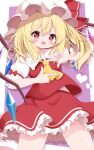  1girl ascot bangs blonde_hair blurry blush bow crystal depth_of_field eyebrows_visible_through_hair flandre_scarlet frills g4ku hair_between_eyes hat heart heart-shaped_pupils highres long_hair looking_at_viewer miniskirt mob_cap one_side_up open_mouth petticoat puffy_short_sleeves puffy_sleeves red_bow red_eyes red_ribbon red_skirt red_vest ribbon shirt short_sleeves skirt skirt_set smile solo symbol-shaped_pupils thighs touhou vest white_headwear white_shirt wings 