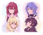  4girls aqua_(kingdom_hearts) black_cloak black_hair black_shirt blonde_hair blue_eyes blue_hair cloak dress hair_between_eyes hair_over_shoulder hood hood_down hoodie kairi_(kingdom_hearts) kingdom_hearts kivavis medium_hair multiple_girls namine parted_lips pink_hoodie portrait red_hair shirt short_hair sleeveless sleeveless_hoodie sleeveless_shirt smile white_background white_dress xion_(kingdom_hearts) 