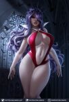  1girl alternate_costume arms_at_sides bare_shoulders bat breasts camilla_(fire_emblem) center_opening commentary cosplay curly_hair english_commentary fire_emblem fire_emblem_fates gumroad_logo gumroad_username hair_ornament hair_over_one_eye highleg highleg_leotard highres indoors large_breasts legs_together leotard lips long_hair looking_at_viewer luminyu mole mole_on_breast nail_polish navel parted_lips patreon_logo patreon_username purple_hair red_eyes red_leotard red_nails solo standing stomach strapless strapless_leotard thigh_gap thighs tiara twitter_logo twitter_username vampirella_(character) vampirella_(character)_(cosplay) web_address 