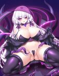  1girl absurdres ass_visible_through_thighs azur_lane boots breasts cleavage corruption dark_persona detached_collar elbow_gloves eyebrows_visible_through_hair gloves hair_ribbon highres huge_breasts illustrious_(azur_lane) long_hair looking_at_viewer purple_eyes purple_footwear purple_gloves purple_ribbon raranokusu revealing_clothes ribbon solo spread_legs squatting tentacles thigh_boots thighhighs very_long_hair white_hair 