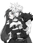  1boy 1girl armor bare_shoulders belt black_hair blue_eyes blush breasts cloud_strife collarbone couple detached_sleeves final_fantasy final_fantasy_vii final_fantasy_vii_remake fingerless_gloves gloves hand_on_another&#039;s_face highres hug hug_from_behind large_breasts long_hair looking_at_another low-tied_long_hair red_eyes shoulder_armor sleeveless sleeveless_turtleneck smile spiked_hair spykeee tank_top tifa_lockhart turtleneck white_background white_tank_top 