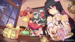  1girl balloon black_hair christmas_stocking cup gift highres holding holding_cup kettle long_hair looking_to_the_side mug parfait plate smile snow solo steam table wei_tian_wenhua window winter yao_yao_(yuan_zun) yuan_zun 